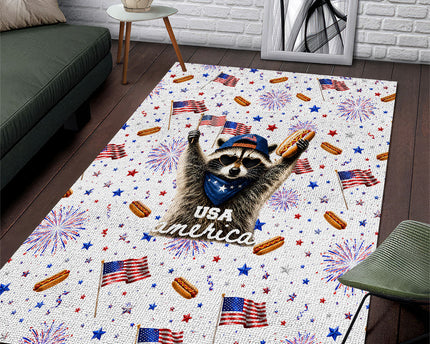 USA America Raccoon Hot Dog 250 Years Area Rug 4th of July 1776-2026 Patriotic Fireworks