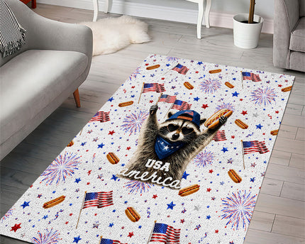 USA America Raccoon Hot Dog 250 Years Area Rug 4th of July 1776-2026 Patriotic Fireworks