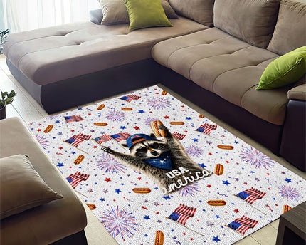 USA America Raccoon Hot Dog 250 Years Area Rug 4th of July 1776-2026 Patriotic Fireworks