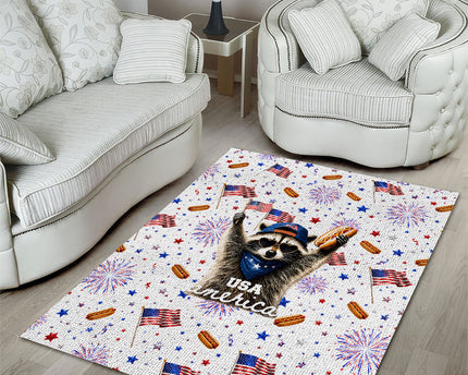 USA America Raccoon Hot Dog 250 Years Area Rug 4th of July 1776-2026 Patriotic Fireworks