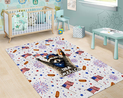 USA America Raccoon Hot Dog 250 Years Area Rug 4th of July 1776-2026 Patriotic Fireworks