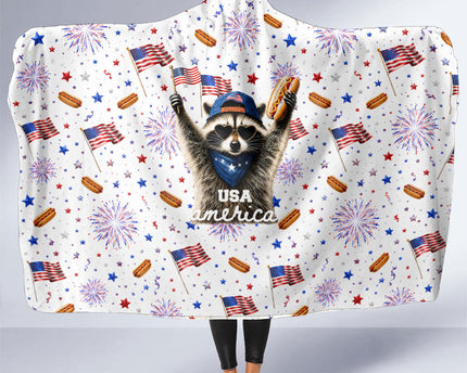 USA America Raccoon Hot Dog 250 Years Hooded Blanket 4th of July 1776-2026 Patriotic Fireworks