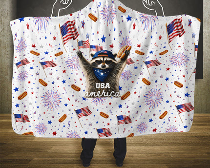 USA America Raccoon Hot Dog 250 Years Hooded Blanket 4th of July 1776-2026 Patriotic Fireworks