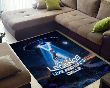 Scotland Kelpies And Unicorn UFO Area Rug Sci-Fi Alien Abduction And Magic Legends