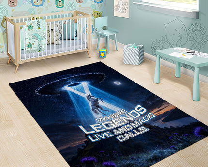 Scotland Kelpies And Unicorn UFO Area Rug Sci-Fi Alien Abduction And Magic Legends