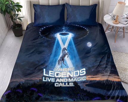 Scotland Kelpies And Unicorn UFO Bedding Set Sci-Fi Alien Abduction And Magic Legends