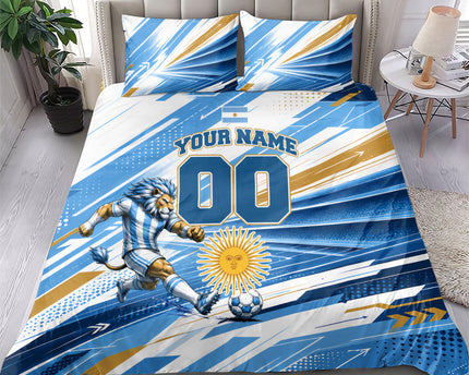 Personalized Argentina Football Champions Bedding Set Sun Of May Lion Mascot - Style of King