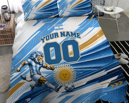 Personalized Argentina Football Champions Bedding Set Sun Of May Lion Mascot - Style of King