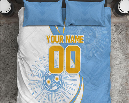 Personalized Argentina Football Fan Pride Bedding Set Sun Of May Motif With Distressed Textures And Waves