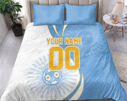 Personalized Argentina Football Fan Pride Bedding Set Sun Of May Motif With Distressed Textures And Waves
