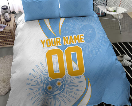 Personalized Argentina Football Fan Pride Bedding Set Sun Of May Motif With Distressed Textures And Waves