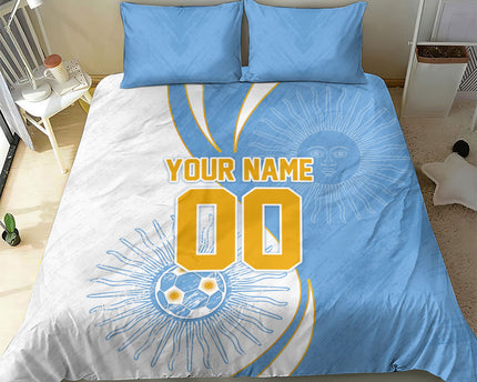 Personalized Argentina Football Fan Pride Bedding Set Sun Of May Motif With Distressed Textures And Waves