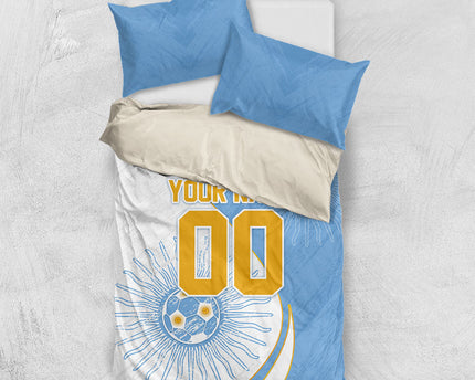 Personalized Argentina Football Fan Pride Bedding Set Sun Of May Motif With Distressed Textures And Waves