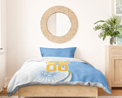 Personalized Argentina Football Fan Pride Bedding Set Sun Of May Motif With Distressed Textures And Waves