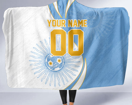 Personalized Argentina Football Fan Pride Hooded Blanket Sun Of May Motif With Distressed Textures And Waves