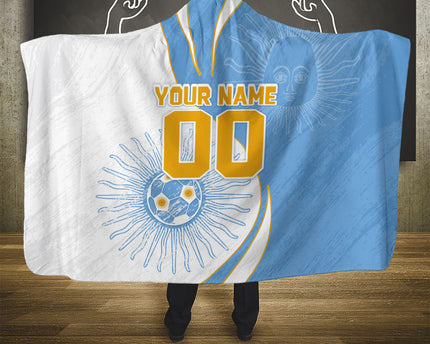 Personalized Argentina Football Fan Pride Hooded Blanket Sun Of May Motif With Distressed Textures And Waves