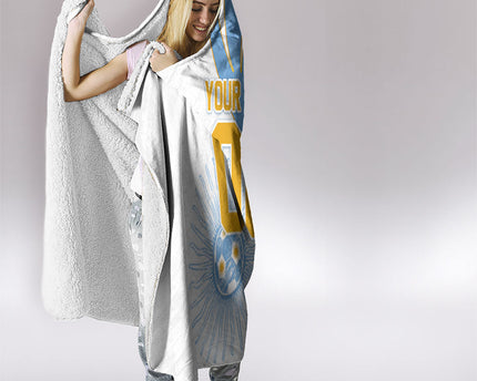 Personalized Argentina Football Fan Pride Hooded Blanket Sun Of May Motif With Distressed Textures And Waves