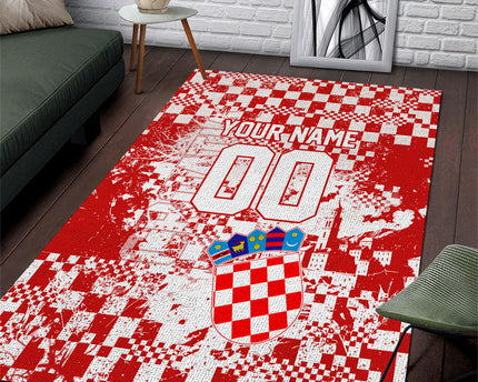 Personalized Croatia Football Wolf Mascot Area Rug Checkerboard Soccer Pride - Splatter Textures