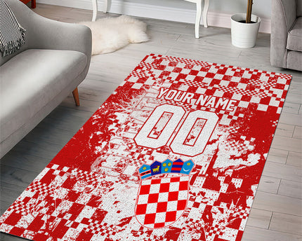 Personalized Croatia Football Wolf Mascot Area Rug Checkerboard Soccer Pride - Splatter Textures