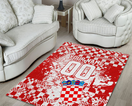 Personalized Croatia Football Wolf Mascot Area Rug Checkerboard Soccer Pride - Splatter Textures