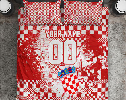 Personalized Croatia Football Wolf Mascot Bedding Set Checkerboard Soccer Pride - Splatter Textures