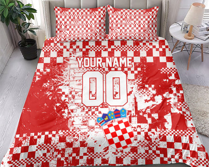 Personalized Croatia Football Wolf Mascot Bedding Set Checkerboard Soccer Pride - Splatter Textures