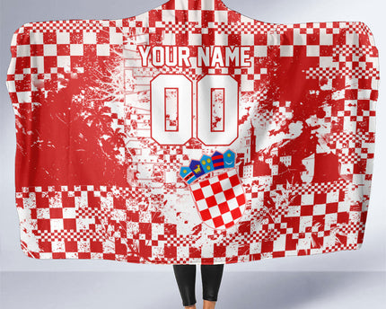 Personalized Croatia Football Wolf Mascot Hooded Blanket Checkerboard Soccer Pride