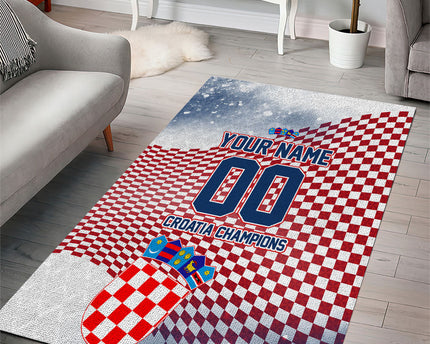 Personalized Croatia Football Eagle Mascot Area Rug Checkerboard Pattern - Accent Splatters
