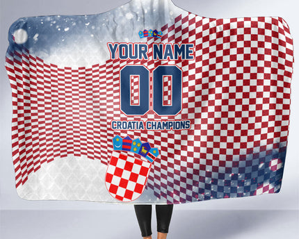Personalized Croatia Football Eagle Mascot Hooded Blanket Checkerboard Pattern - Accent Splatters