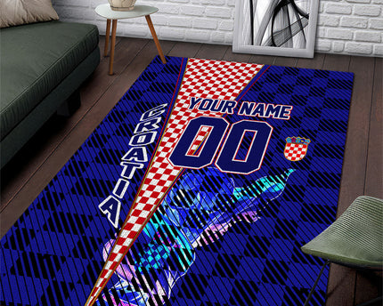 Personalized Croatia Football Area Rug Checkerboard Graphic - Golden Champion Trophy And Flag