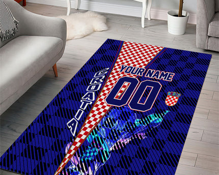 Personalized Croatia Football Area Rug Checkerboard Graphic - Golden Champion Trophy And Flag