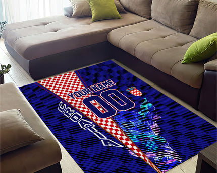 Personalized Croatia Football Area Rug Checkerboard Graphic - Golden Champion Trophy And Flag