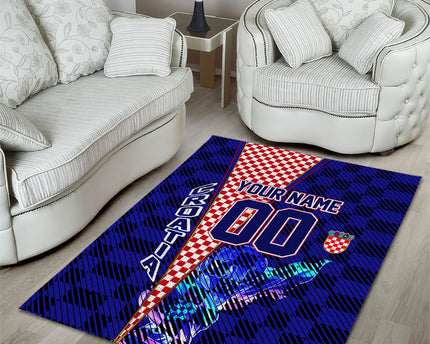 Personalized Croatia Football Area Rug Checkerboard Graphic - Golden Champion Trophy And Flag