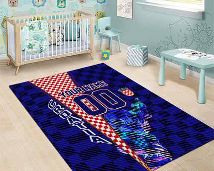 Personalized Croatia Football Area Rug Checkerboard Graphic - Golden Champion Trophy And Flag