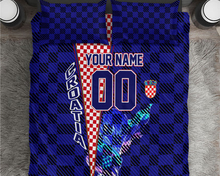 Personalized Croatia Football Bedding Set Checkerboard Graphic - Golden Champion Trophy And Flag