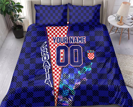 Personalized Croatia Football Bedding Set Checkerboard Graphic - Golden Champion Trophy And Flag