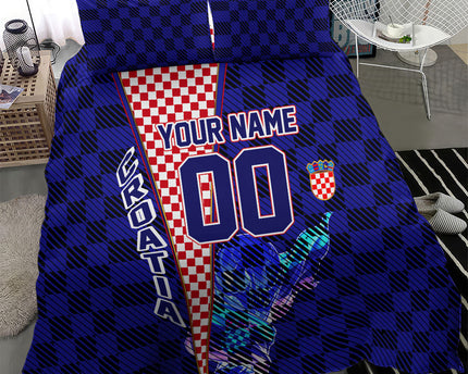 Personalized Croatia Football Bedding Set Checkerboard Graphic - Golden Champion Trophy And Flag
