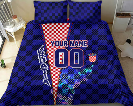 Personalized Croatia Football Bedding Set Checkerboard Graphic - Golden Champion Trophy And Flag