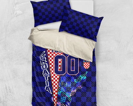Personalized Croatia Football Bedding Set Checkerboard Graphic - Golden Champion Trophy And Flag
