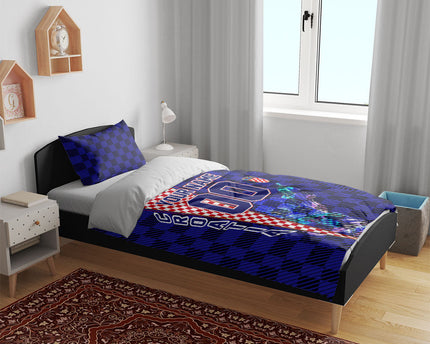 Personalized Croatia Football Bedding Set Checkerboard Graphic - Golden Champion Trophy And Flag