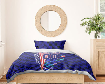 Personalized Croatia Football Bedding Set Checkerboard Graphic - Golden Champion Trophy And Flag
