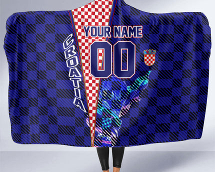 Personalized Croatia Football Hooded Blanket Checkerboard Graphic - Golden Champion Trophy And Flag