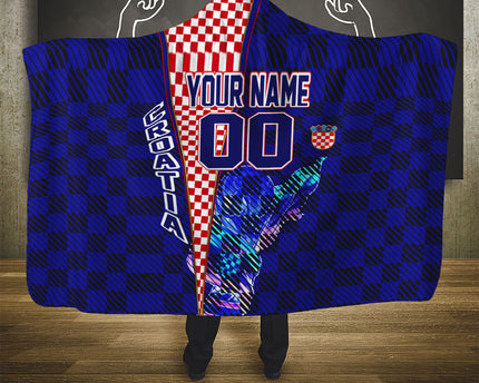 Personalized Croatia Football Hooded Blanket Checkerboard Graphic - Golden Champion Trophy And Flag