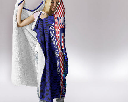 Personalized Croatia Football Hooded Blanket Checkerboard Graphic - Golden Champion Trophy And Flag