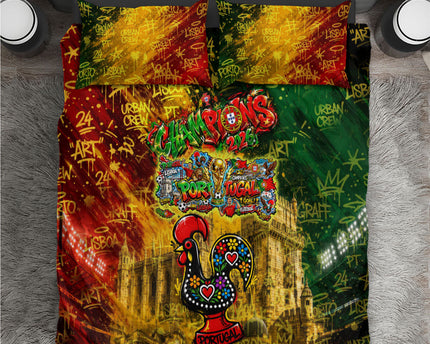 Portugal Football Champions 2026 Bedding Set Urban Graffiti Street Art Galo De Barcelos