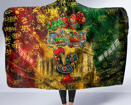 Portugal Football Champions 2026 Hooded Blanket Urban Graffiti Street Art Galo De Barcelos