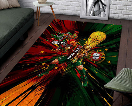 Personalized Portugal Football Champions 2026 Area Rug Rooster Mascot Comic Trophy Soccer Ball