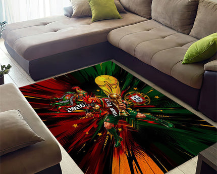 Personalized Portugal Football Champions 2026 Area Rug Rooster Mascot Comic Trophy Soccer Ball