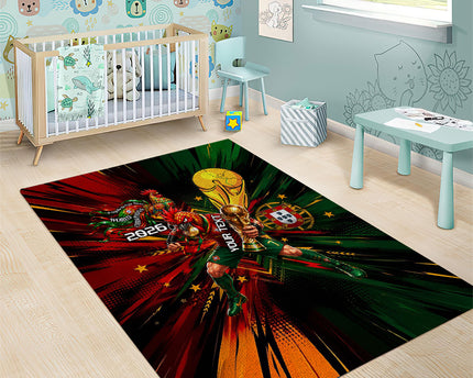 Personalized Portugal Football Champions 2026 Area Rug Rooster Mascot Comic Trophy Soccer Ball