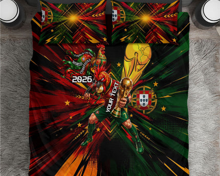 Personalized Portugal Football Champions 2026 Bedding Set Rooster Mascot Comic Trophy Soccer Ball